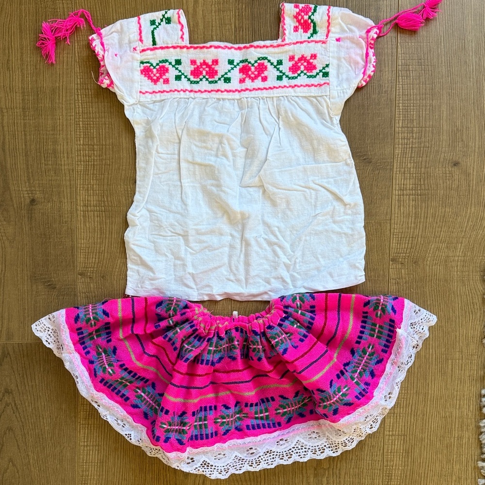 Traditional Mexican White and Pink Embroidered Top and Skirt Set